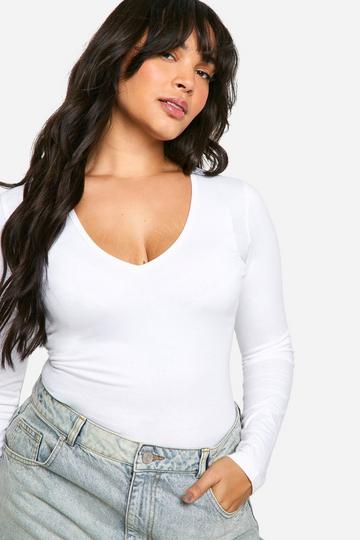 White Plus Cotton Plunge Long Sleeve Bodysuit