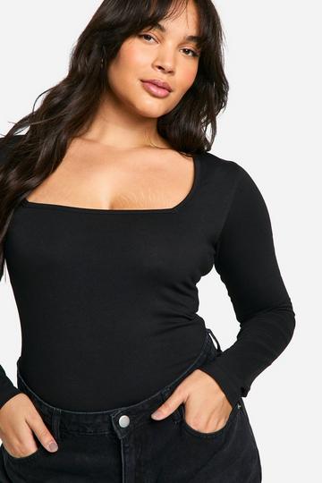 Plus Katoenen Bodysuit Met Vierkante Hals En Lange Mouwen black