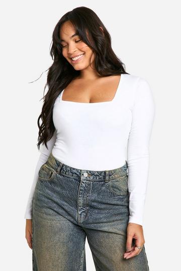 Boohoo Basics Plus Cotton Square Neck Long Sleeve Bodysuit white