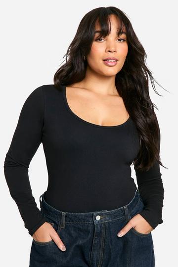 Plus Katoenen Bodysuit Met Lage Ronde Hals En Lange Mouwen black