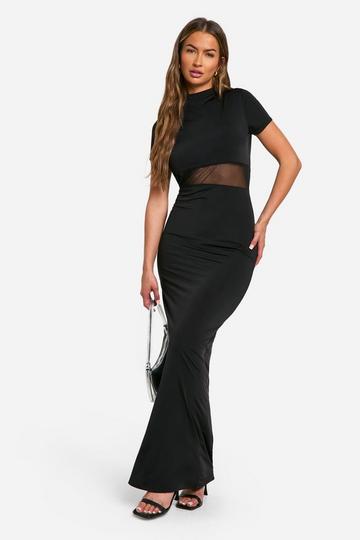 Mesh Detail High Neck Maxi Dress natural black