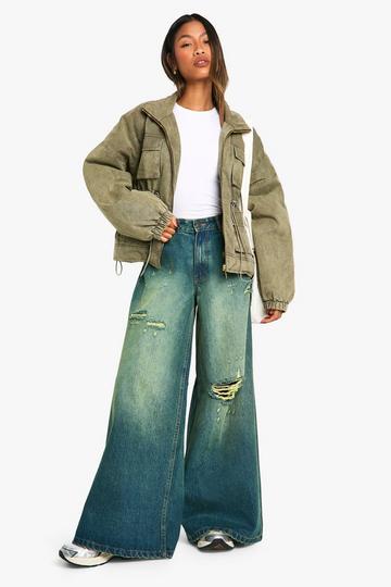 Wide Leg Low Rise Distressed Detail Denim Jean vintage blue