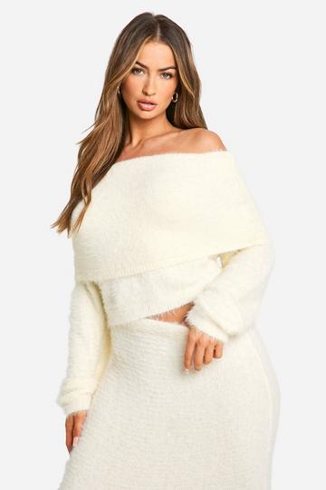 Fluffy Knitted Bardot Fold Over Jumper cream