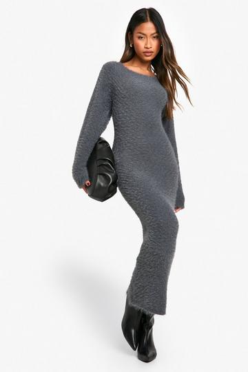 Pluizige Gebreide Maxi Jurk Met Open Rug charcoal