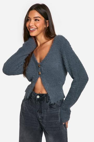 Fluffy Knitted Button Cardigan charcoal