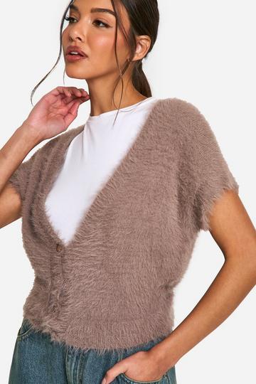 Fluffy Knitted Short Sleeve Button Top chocolate