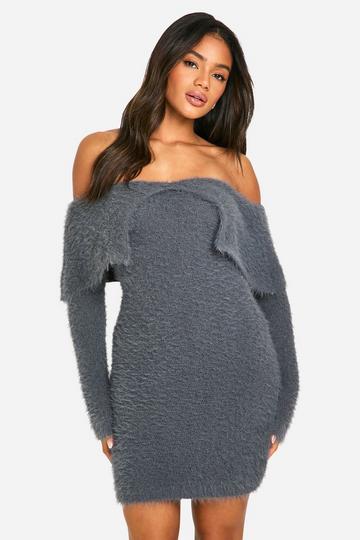 Fluffy Knitted Bardot Mini Dress charcoal