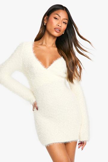 Fluffy Knitted Wrap Detail Mini Dress cream