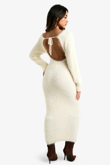 Fluffy Knitted Open Back Maxi Dress cream