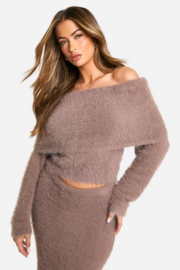 Fluffy Knitted Bardot Fold Over Jumper chocolate