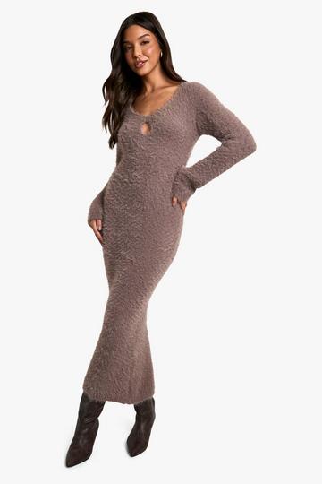 Fluffy Knitted Square Neck Midaxi Dress chocolate