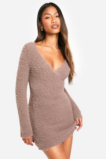 Fluffy Knitted Wrap Detail Mini Dress chocolate