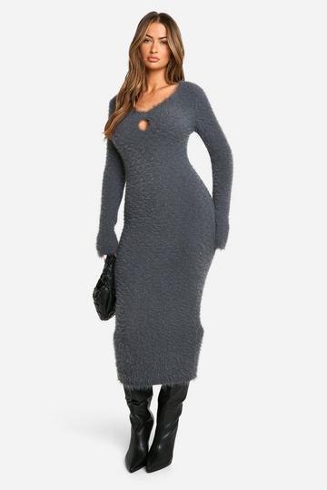 Fluffy Knitted Sqaure Neck Midaxi Dress charcoal