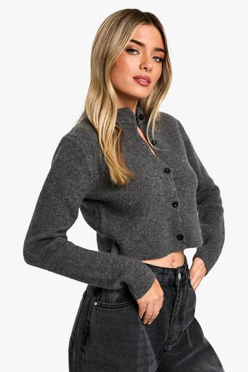 Brushed Knitted Cropped Cardigan grey marl