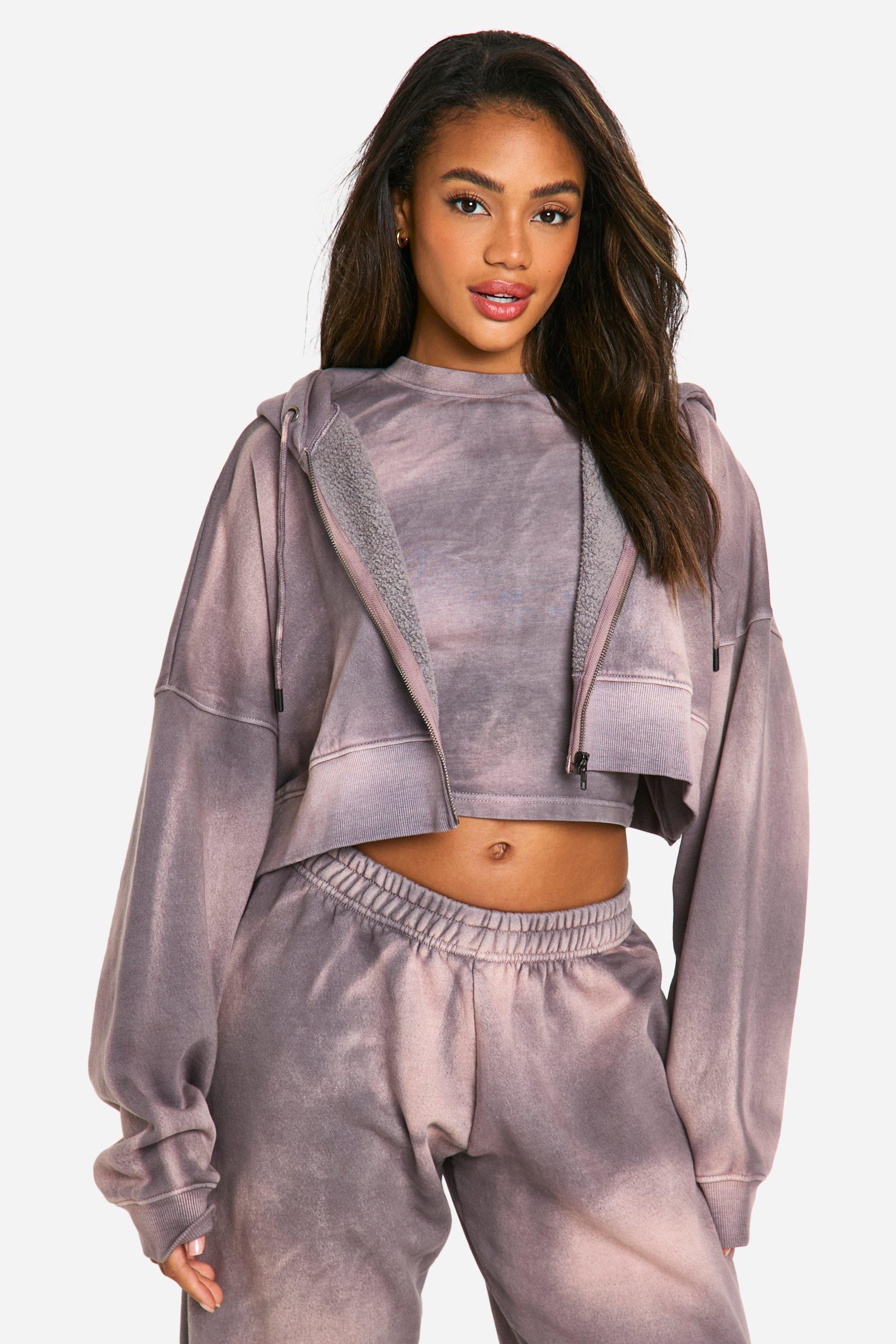 Purple Sunbleach Wash Boxy Crop Zip Through Hoodie