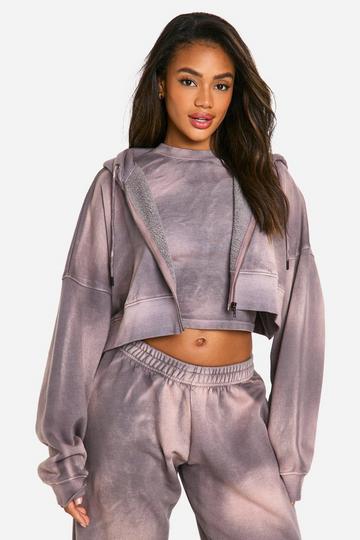 Sunbleach Wash Boxy Crop Zip Through Hoodie purple