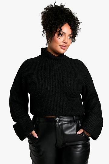 Plus High Neck Oversized Crop Knitted Jumper black