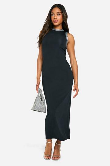 Rhinestone Racer Neck Midi Dress black