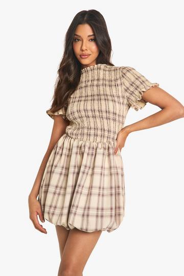 Check Shirred Short Sleeve Puff Sleeve Mini Dress brown