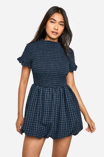 Gingham Shirred Short Sleeve Puff Sleeve Mini Dress navy