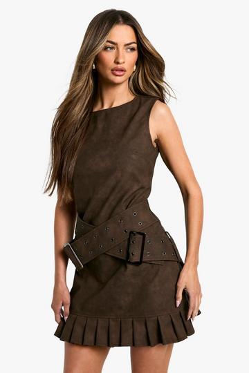 Faux Leather Double Belt Mini Dress brown