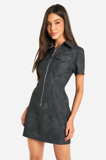 Faux Leather Zip Mini Dress washed black