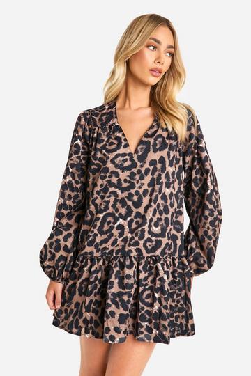 Leopard Drop Hem Smock Dress brown