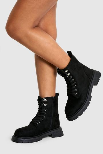 Wide Fit Chunky Lace Up Hiker Boots black