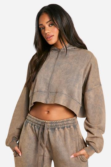 Gebleekte Boxy Crop Top Met Rits En Hoodie taupe