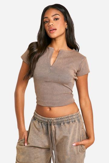 Washed Ribbed Cap Sleeve Half Zip Jean Grazer Top taupe