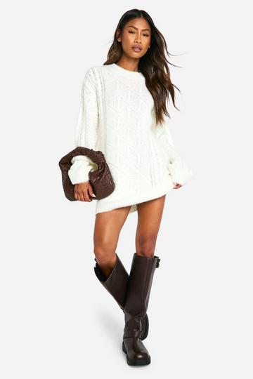 Brushed Knit Cable Detail Slouchy Mini Dress cream