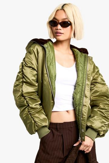 Fur Detail Oversized Bomber Jacket sage