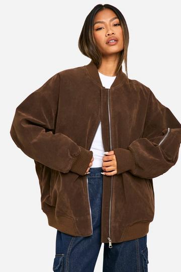 Vintage Suede Look Oversized Bomber Jacket chocolate