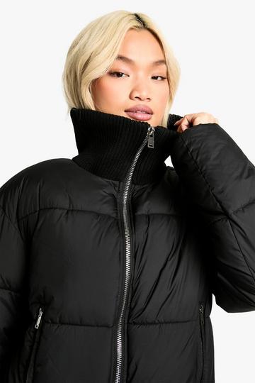 Black Rib Detail Puffer Jacket