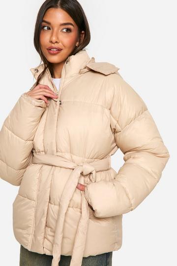 Stone Beige Belted Puffer Jacket