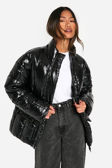 High Shine Belted Puffer Jacket black