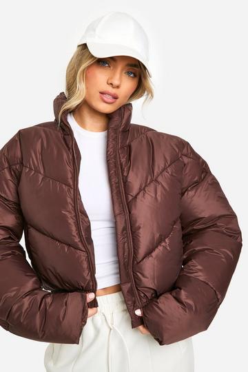 Chocolate Brown Quilted Funnel Neck Puffer Jacket