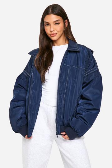 Navy Contrast Stitch Detail Oversized Bomber Jacket