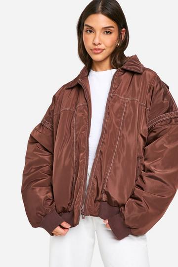 Chocolate Brown Contrast Stitch Detail Oversized Bomber Jacket