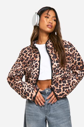 Korte Gewatteerde Luipaardprint Jas Met Stiksels leopard