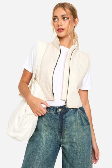 Stone Beige Cropped Quilted Gilet