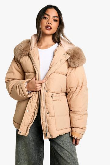 Stone Beige Faux Fur Hood Padded Parka