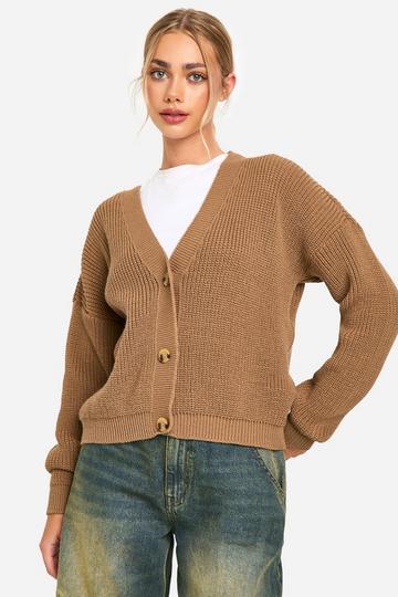 Camel Beige Korte Dikke Gebreide Cardigan