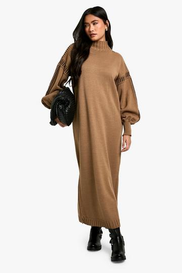 Blanket Stitch Detail Oversized Knitted Maxi Dress camel