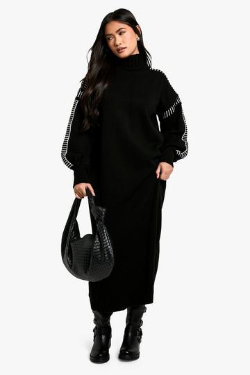 Blanket Stitch Detail Oversized Knitted Maxi Dress black