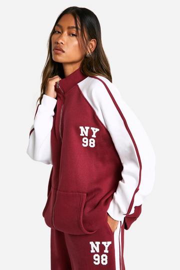 Burgundy Red NY Colour Block Zip Through Bomber Sweatshirt