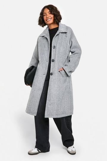 Tall Herringbone Check Longline Wool Look Coat black_ecru