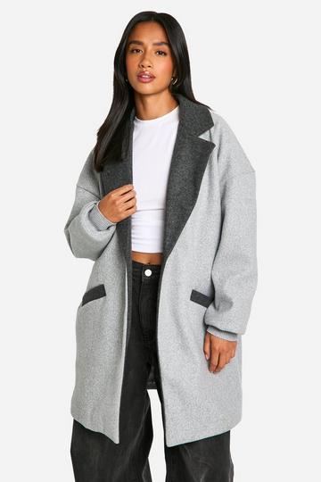 Petite Longline Contrast Collar Wool Look Coat grey