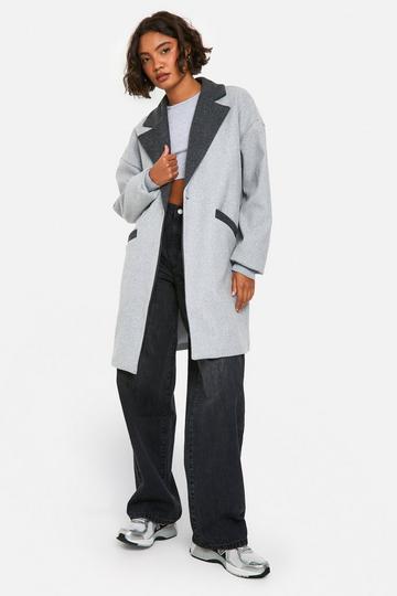 Tall Longline Contrast Collar Wool Look Coat grey