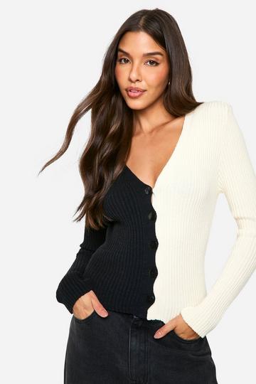 Rib Knit Contrast Button Cardigan black